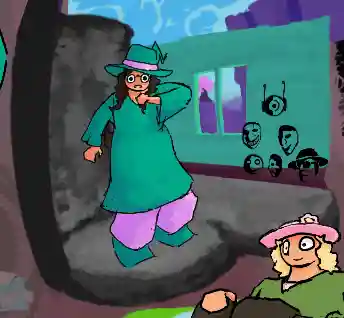 weirdo staring at the camera, wearing a teal robe, teal witch hat with pink band, and teal boots. her big pants are pink. she is holding a hand near her face as she stares open eyed and open mouthed. she is standing in a partially drawn room lacking a ceiling. the floor and one wall is a grey stone, and the other wall is teal with a slightly rounded dark magenta baseboard. the window opens to a purple hilly area, with a single tree with pink leaves. an assortment of mini face doodles intrude on the drawing on the right, one of which is just the jerma sus face.