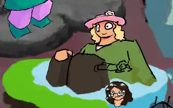 blonde person wearing a pink hat with a pink flower on top. they wear a green sweater-thing, pink shirt, and brown pants. they are sitting down with their left hand on a knee, and the lower one-third half is in water. below, a drawing of a brown haired luce is there, intruding on the screenshot.