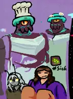assorted drawings: Tawfin wearing a chefs hat, and a second drawing of her squinting her Big Eye, looking mortified. pale green person wearing yellow eyes, looking at nothing in particular. a Luce with a sick status effect icon hovering next to her, with text reading '#Sick'.