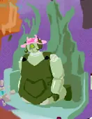 Ieda, a green robot with a big triangle eye wearing a gardening apron, is kneeling. Avo, a pink slime thing, is on her head pretending to be a sun hat with horns. A mass of tree is behind the two of them..