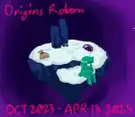 text reads 'Origins Reborn OCT 2023 - APR 13 2025'. drawing of a snowy island made of dark blue crystal floating in space. in the snow, a a big bag, a small disc with an eye in it, a monolith, and a dull orb sit in the snow. a teal person is sitting, legs hanging off the edge..