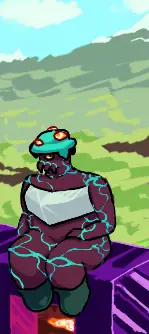 Tawfin, a warped fungus person, sitting on a nether portal with lava visible through it. A sunny landscape with a mountain in the distance is behind her.