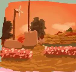 drawing of a vintage story screenshot. it is dusk, with two rows of berry bushes sitting in front of a small tower and square building next to a lake. a windmill is attached to the flat roof, held up by a single thing of wood. a tall pillar of peat ascends past the top of the image. trees are scattered about.
