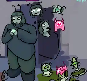 essie but a mostly normal human wearing a turtleneck thing, as well as basic ieda robot doodles.