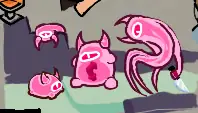 Avo, the pink fat slime thing. She is lazing around doing straight up nothing, except for the one one the right that's trying to aurafarm by looming all stretched and curled up with a knife