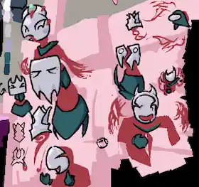4 things with masks wearing cloth! Veyn is a tendrilled thing with a horned mask, Row has a grumpy mask and mostly covered flesh, Nostro has an ornate shell, wispy flesh and no cloth, and Mittens has a cracked smiling mask and, well, mittens. To the right, Row's mask is cracked in half, Veyn is behind Mittens, pretending to be meat wings and horns, and Nostro is using its meat hands to chop a shelled Among Us in half.