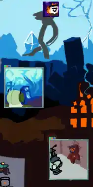 slice of Essie's world. from top to bottom, an island with legs that keep it far above the surface, with a cutout of Fernie, a flaming eyebal detective on top. the surface is completely blue, with large crystals growing from it. a building peeks out from the surface, with more buildings at various angles underneath the surface. a cutout shows Ieda staring at the ceiling as light shines down, with towers melting upwards into it. beneath the buildings is a warmer area with orange windows that is only partially melding upwards. a cutout shows MOOK chasing SC-4V.