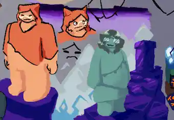fluffy orange person and faded teal glasses person standing on a crystalline purple material, far above stabby blue crystals.