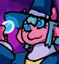 Cotillione, a bovine robot, is wearing a wizards robe and hat as she ponders a floating orb. The hat has holes allowing for her horns to go through.