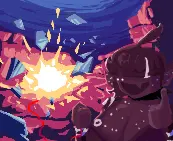 Ebb and Flow, a fishy person with bangs covering his eyes and glow-in-the-dark freckles, gives the POV a thumbs up as he presses a button, causing a large explosion in the background, sending debris everywhere.