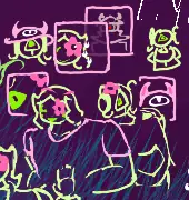 doodles of Ieda, who is a gardener with a pink flower growing out of her left eye, Ieda, who is a robot gardener with a big triangle eye, and Avo, who is a small horned pink slime thing. There is a small doodle of Evil Essie, a faded-red robot with horns and a glowing red eye.