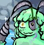 Lime, a slime person, is looking at her drill that is also her hand. Amber, a mining robot who is floating in Amber and who is also the drill, looks off somewhere.