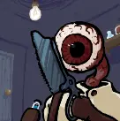 Margot, a big floating eyeball wearing a doctoring coat, looks at you with a bonesaw and vial in her gloved hands. A single lightbulb on a wire lights up the closed room.