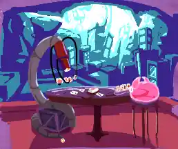 LOOK, a big snake-like robot with a telescope-like head, plays Go Fish with Avo, a small hot-pink slime with horns. LOOK is currently in the lead with two pairs compared to Avo, who only has one pair. They are on a rooftop, with the buildings in the distance twisting into the hole in the cave ceiling the city is under.