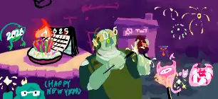 the calendar is eating it's 2026th birthday cake, with a vast amount of candles all creating a great big flame. A small red mark changes the calendar from 2025 to 2026. A luce stares at the flame while wearing 2026 glasses. A luce peeks from the bottom of the image holding a sparkler, with text reading (HAPPY NEW YEAR). Ieda, wearing 2026 glasses with the sides taped to the sides of her head, lights a firework with a sparkler aimed at MOOKs building full of fireworks. Avo, also wearing 2026 glasses, stares at the rocket while wondering if she could fly into the sky and explode too. She's holding a sparkler too.