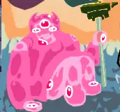 pink slime person that is actually several smaller slime guys holding a green anvil on a stick. she is sitting on blue grass.