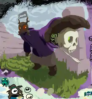 scavenger from rain world named Lousa holds out her left arm and summons a skeleton with a spear from her sleeve. a green energy is swirling within the sleeve and skeleton.