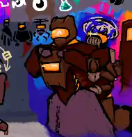 four rust red robots with a rectangular orange eye. the droid has a welding mask head with fangs, and hunches forwards a bit, annoyed at the tankbot that is resting her arms on her head. the tankbot has a biker helmet head with the tankbot bear ear fin things on top, and is enjoying the view. the drone has a visor for a face, with organized wires visible underneath, and is lifting the tankbot high enough for the tankbot to see above the droid. the drone is not built for lifting the tankbot, but she's managing. behind them, the mainframe sees them all off with a thumbs up..