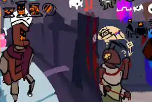 COOK, a robot with mini-ovens in her torso, and a really far away Acaud walk along a sidewalk. To their left is a very precarious drop, with the tall buildings on the other side of the street only barely matching their elevation... about 5 stories or so. To the right is Zylvezter, a red bug person with an X eye, who is using her four arms to pull out red meat from the wall. she is thinking about how SC-4V's wires are kind of like the strands of wall meat. an eye is in the wall.