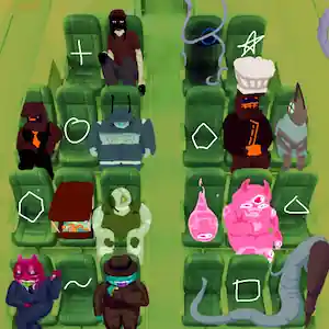 
a bunch of people sitting on an airplane. symbols indicate open seats for you to sit in.
Plus: tall, lanky person wearing a red cap and shirt. she has bandage-wraps around her arms and neck, and only eyes are visible from beneath the cap
Star: tendrils hanging from the ground, with a partially visible blue circle above the seat. despite there only being a few tendrils, there is still a large shadow in the seat, as if something is sitting on it.
Circle: in between a rust-red robot with an orange tie, resting her leg on the seat in front of her, and a green robot with a circle indent for an eye wearing navy armor staring straight forwards.
Pentagon: an aisle seat, next to a tall rust-red robot wearing a chef hat, and a bug with crossed out eyes. they're both sitting politely
Hexagon: window seat next to a rust-red claw machine full of water. a large crack on the front mimics an eyepatch and beard, and a green robot with a triangle indent for an eye.
Triangle: window seat next to a big bright magenta-pink slime person. most of her eyes are looking at the window. one of her eyes stares at the smaller slime sitting next to her, who is staring back with their one eye.
Grave: horned red thing wearing a blue suit with tongue out. looking out the window and holding a cigar... is that allowed? on the other side of the seat is a teal thing with a tongue out, wearing a trenchcoat and staring at a shiny watch.
Square: big worm thing with a rust-red telescope head. the end of her tailthing rests on the seat next to the aisle, though part of her body is on the middle seat.
                            