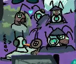 Drawings of SC-4V/Essie, a green robot with a concave face and Zylvezter, a dead-bug-wasp-thing with a convex face. The two of them put their antennae in a heart pattern,  Zylvezter rests her head on Essie, Zylvezter uses his proboscis to prod at Essie, and the two of them wearing Essies armor at the same time