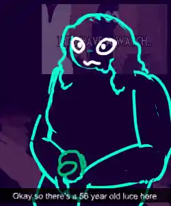 a Luce sitting down, staring and holding an Among Us in her bottle slot. Text reads 'Okay so there's a 56 year old luce here