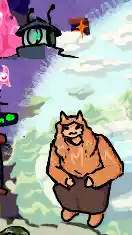 orange cat-thing sitting around a fountain-thing. two islands float in the sky in the background. small doodle of SC-4V staring forwards as MOOK emerges from behind, obfuscated by a cloud. SC-4Vs antennae stare at MOOK.