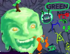 the word green is circled and points to Essie, a green robot. next to her is green bald gojo satoru