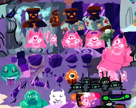 various doodles. a purple cube-headed thing with floating horns, made of crystals. They show excitement- a shining cube-side angled up, or irritation- a shaded cube-side angled down. Acaud, a horned slime thing with 3 eyes on her face, and more eyes elsewhere. she has a big anvil hammer. She displays excitement with sparking 'hair', and disappointment with her eyes. MOOK, a rusty red robot with orange 'eyes' and a 'nose' on her screen face, wears either a glowing orange tie or a blue floral shirt. Her face is a bit unmoving, though she can still show mild joy on her face, or a vengeful glare. Backgrounds include purple legs puncturing a crystal cave ceiling into buildings, and purple crystal streets. Side doodles include a swarm of green robots wearing navy clothes with a flesh version of the robot in the crowd, COOK and Acaud being Gay, small crystal critters, and a horrid salivating teal face.