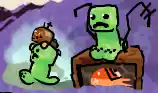 a small Sashaling is holding onto the head of a minecraft creeper as it runs off. a small minecraft creeper sits on Big Sasha's head