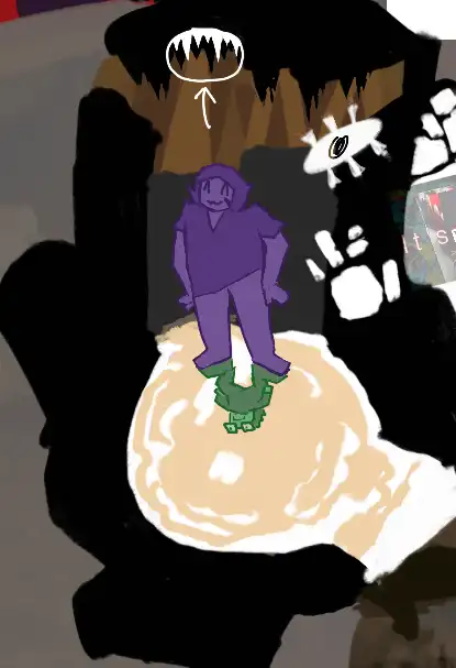 a purple person and an upside down green person. they are using eachother as a platform to avoid falling down/up. the purple person is smiling while the green person is looking around panicked. a lake of orange liquid is below them, surrounded by large pillars. sharp stalactites are on the ceiling.