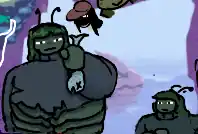 essie holds up a small fish and seems satisfied with it. her turtleneck is somewhat damaged. behind her, a large fish floats in the water.