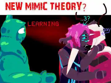 teal slime person with cat ears watches an obesk and a red slime bug make out. a red cone of light is cast from the teal slimes eyes, reading 'LEARNING'. an arrow points to the red slime saying 'GAY', with another arrow pointing to the obesk with the colon three emoticon, but with two periods to indicate her having two right eyes.