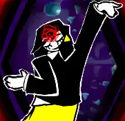 Mesmer from Mesmalie throwing her hand in the air like she just doesn't care, while bottles are magically shattered behind her. An ominous red spiral hovers over her head instead of over the bottles.