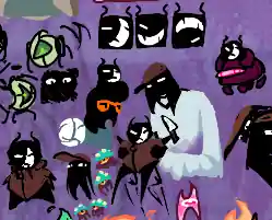 Assorted doodles of a fat tar thing wearing half a mask. It is being carried by Lonna and Avo.