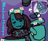 essie holds up a small fish and seems satisfied with it. her turtleneck is somewhat damaged. behind her, a large fish floats in the water.