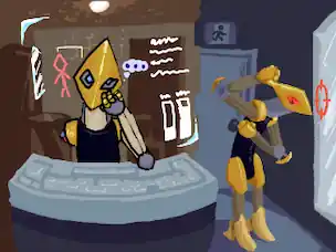 Bittu, a robot with glowing blue eyes, watches on a monitor as M2, a robot with red eyes, is about to punch through a window. An exit door is seen behind M2.