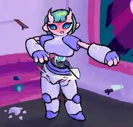 Cotillione, a bovine robot, is playing a music disc with a knife taped to it in her floating orb disc player in her torso. A ruler and cleaver with tape hanging from them are seen in the background stuck to the walls..