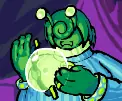 Egloo Limax is pondering his orb, with the lime light reflecting off of him.