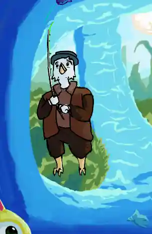 Milo, a bird person, is fishing on a river that is disobeying basic concepts on where rivers are supposed to go. The line is hooked onto a fish above Milo, with two other fish visible in the river.