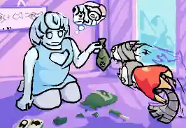 Nia holds out a metal fish for Katit, a robot cat, who promptly lunges for the fish with unhinged jaws. As Katit uses a robot tail to lunge at the fish, Nia assumes the next moment will not be very pleasant due to possible collateral hand biting.