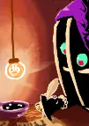 A creature covered in shadow is in a cage that is partially covered by a sheet. It is writing on a paper with a quill and ink bowl next to a particularly bright incandescent lightbulb. The creature is wearing three rings and a pearl bracelet.