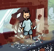 A cat person holding a knife bursts through a brick wall, sending bricks and glass shards from a nearby window everywhere. A nearby door is open.