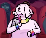 Libby, a person wearing a beret and a shirt-thing with rainbow edges, is watching a movie at the theatre. They are sipping from a paint can with a straw.