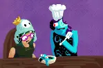 mi'qote named Sopping sits at a table. she is concerned, staring at a bowl with a teal thing crawling out of it. a lanky teal person stares at Sopping, trying to gauge if she likes the meal. A chunk of the teal persons head is missing.
