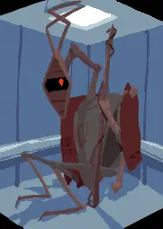 faded-red robot with a diamond-shaped face sits in an elevator. their antennae press against the ceiling, their legs are partially folded, and their staff nearly reach the ceiling.