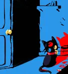 an open door shines light on Sulfur, a 3-eyed creature shaped like a cat. blood and a knife are partially hidden by shadow. the creatures shadow is red, with its collar's normal shadow overlapping it's shadow