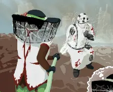 Weather, a fancily-dressed woman wearing a wide-brimmed hat with a veil obfuscating her whole head, is imagining herself using a hose to blast water at Surgeon, a masked man wearing surgical attire with various blood stains.