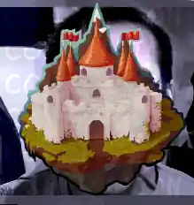 whiteish castle on a floating island with red conical roofing on the castle and surrounding castle towers. an edited image of the jerma985 sus face is imposed onto the image, as well as text reading 'oculuce commission!!'.