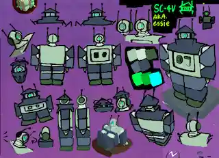 reference sheet for SC-4V, aka Essie, a green robot with a safe for a torso and a single green light for an eye in a concave head. She has antennae and faded blue plating on her limbs